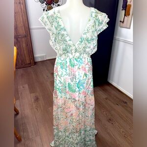 NWT House of Harlow 1960 Floral Tiered Flutter Lace Maxi Dress Size M